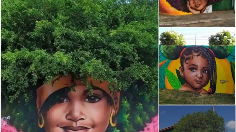 Ingenious street artist creates paintings of ladies and girls with trees used as natural hair.