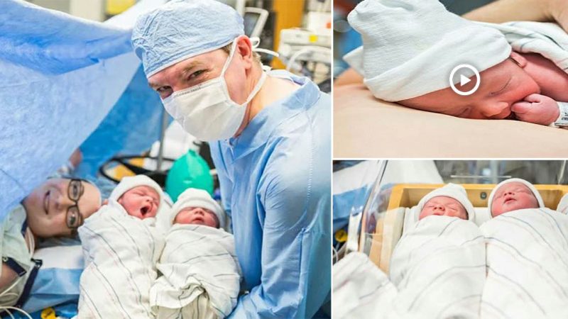 Beautiful photos show a father skin-to-skin cuddling his newborn twins in the delivery room