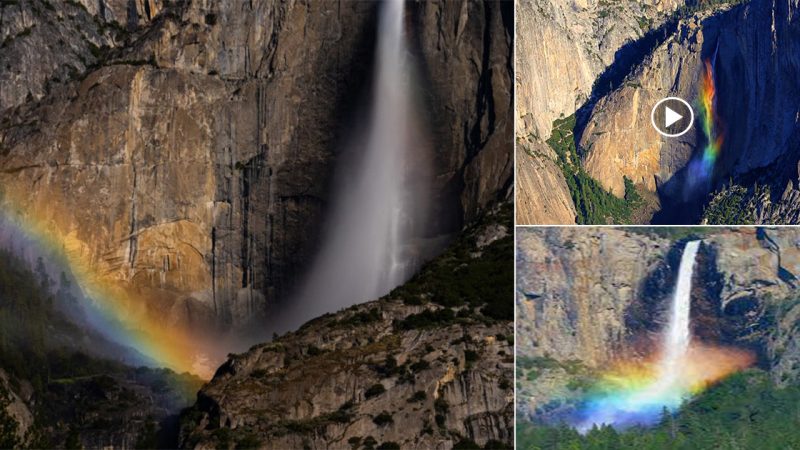 The rare rainbow waterfall makes for a very impressive scene.