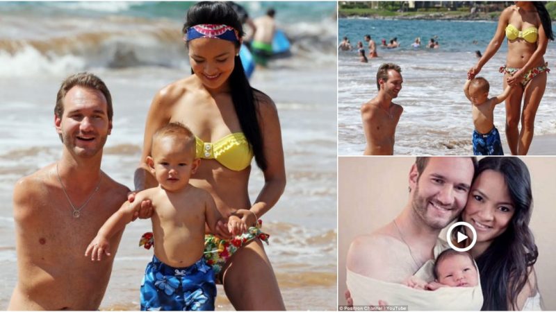 Nick Vujicic, inspirational speaker born without limbs, enjoys beach vacation with wife and son