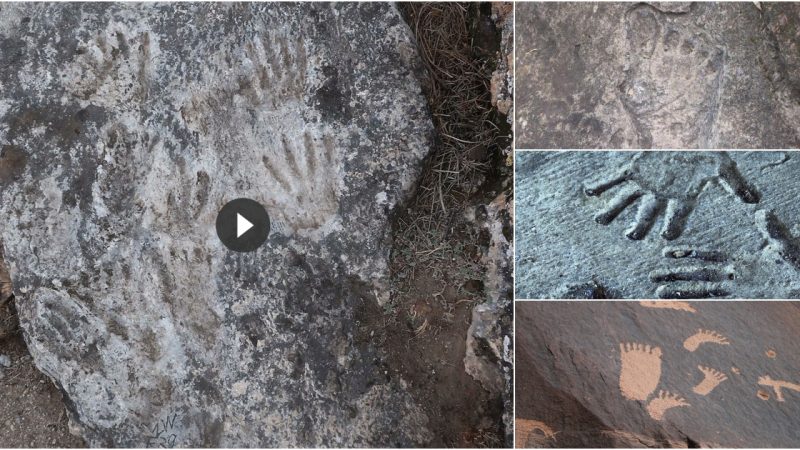 Archaeologists discover children’s hand and foot prints on stone slab, believed to be oldest art ever.