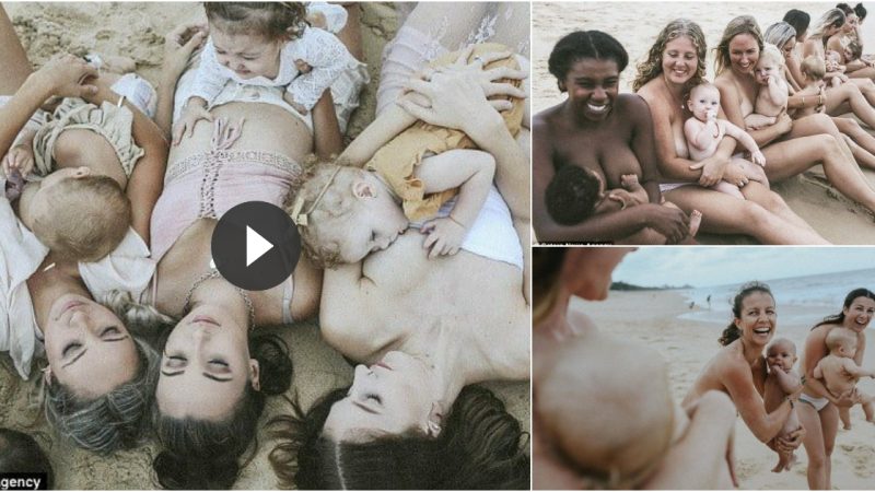 Naked mothers breastfeeding their babies on the beach, capturing their wonderful moments.