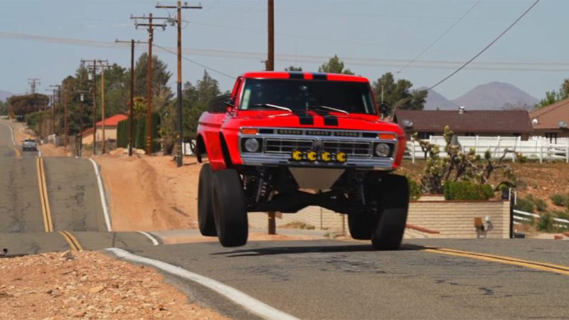 Red 1977 Ford F100 Pre-Runner by RJ Fab Goes Airborne Using 427 Power