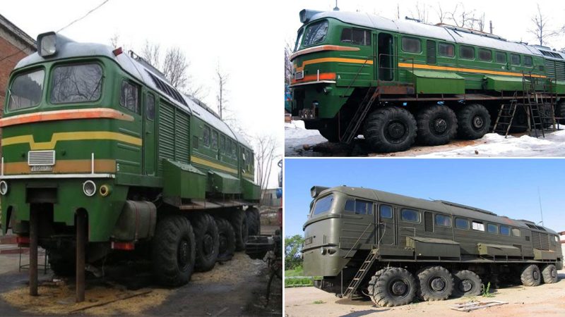 The most amazing train on giant wheels. Diesel locomotive on wheels. Diesel locomotive-M62