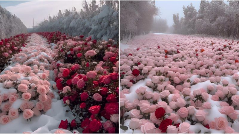 Amidst the Snowy Embrace Unfolds a Mesmerizing Symphony of Romance: A Sea of Enchanting Roses